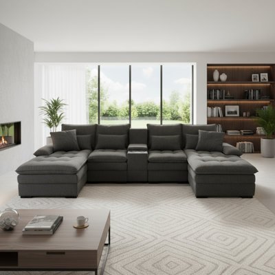 Gray U-shaped 6-seat Sofa Set With Console And Cup Holders, Featuring A Comfortable Padded Design. Suitable For Living Rooms And Apartments, It Also F by Latitude Run