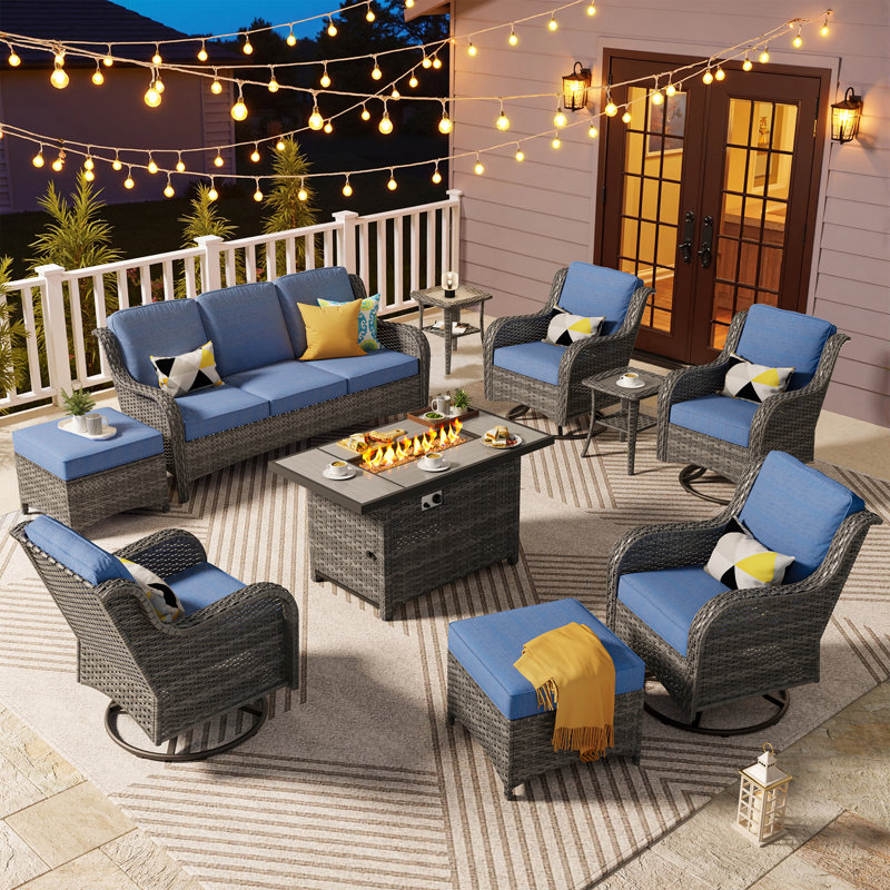 Tommy Outdoor Wicker 7 Person Seating Group With Cushions With A Fire Pit, Blue