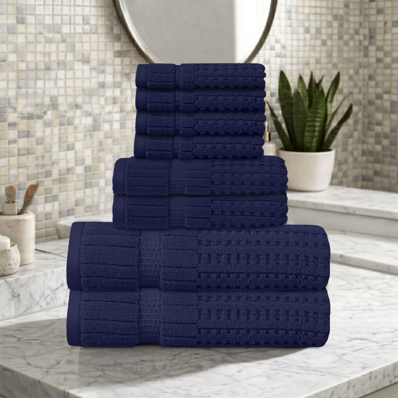 Willow 8 Pieces Towel Set – 100% Combed Cotton, Premium Quality 630 GSM, Navy, Ultra-Soft & Highly Absorbent (2 Bath, 2 Hand, 4 Wash Towels set)