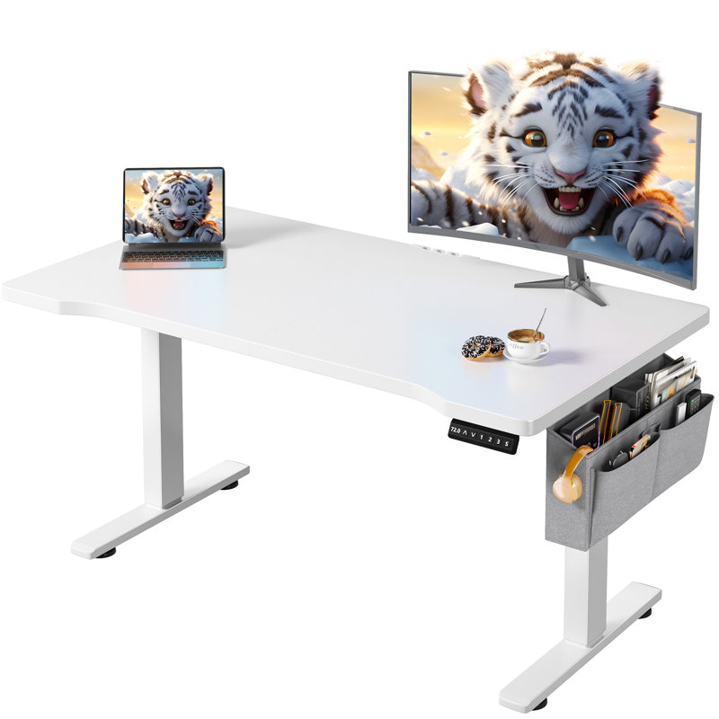 Electric Height Adjustable Standing Desk With Storage, Home Office Computer Desk With Led Lights, White, White