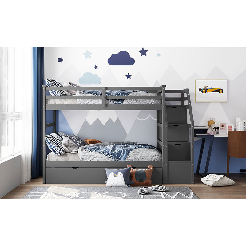 Lit superposé Twintwin avec lit gigogne et 3 escaliers de rangement intelligents, escaliers gris, Gray