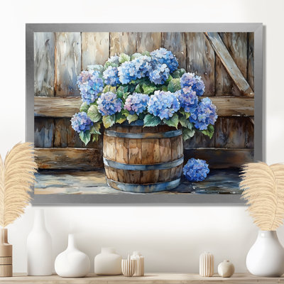 Hortensias dans un tonneau en bois - Art mural hortensias