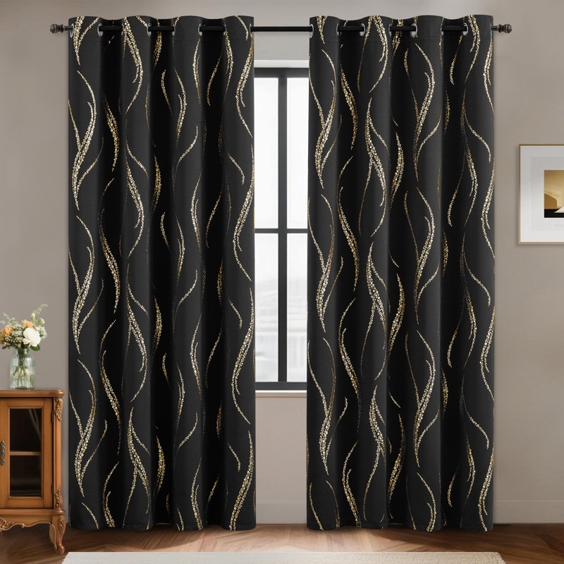 100% Blackout Thermal Insulated Curtains - Wave Line with Dots Silver Print, Grommet Top, 2 Panels, 52" W x 84" H, Sage
