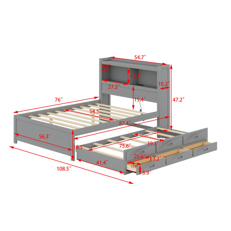 Lit plateforme avec lit gigogne, tiroirs et prises USB, Gris