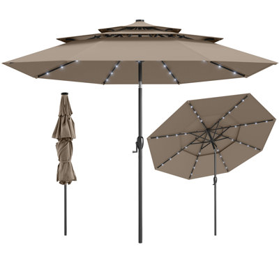 10 FT Solar Patio Umbrella w/ 32 LED Lights 3-Tier Vented Top Tilt Adjustment Taupe
