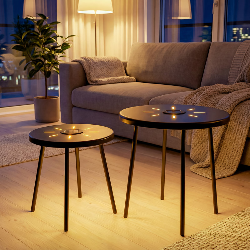 Tables de bout solaires à DEL, ensemble de nidification en métal noir, utilisation de patio moderne