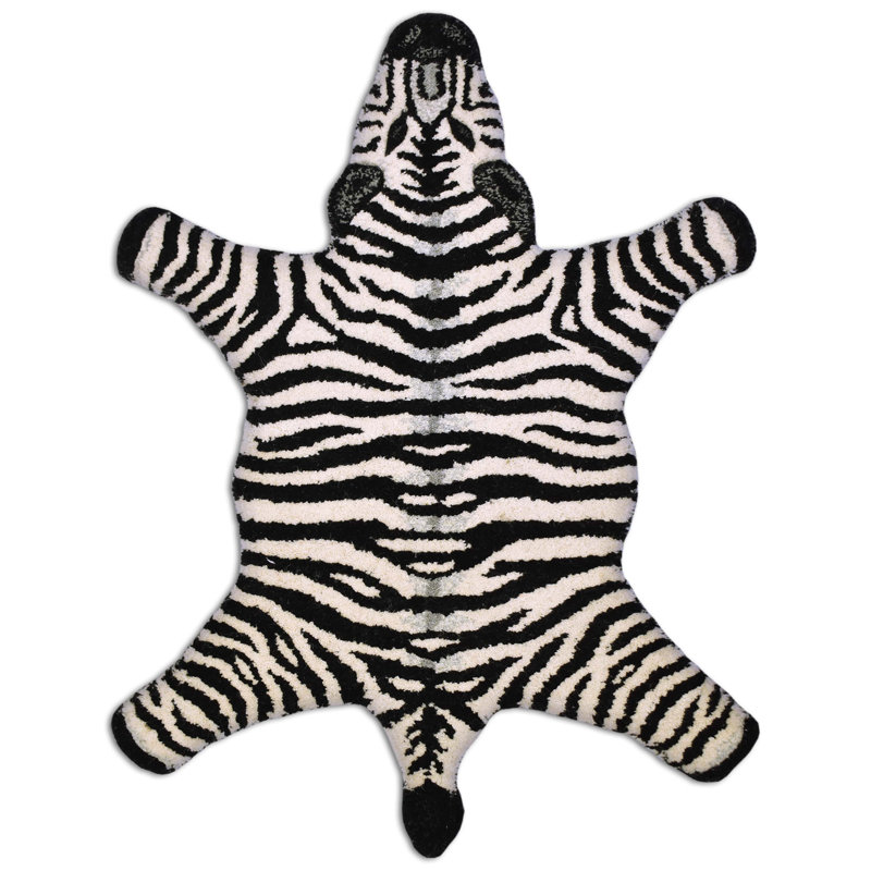 Tapis noir / blanc en laine touffetée à imprimé animal Duquense, Nouveauté 4 pi x 6 pi
