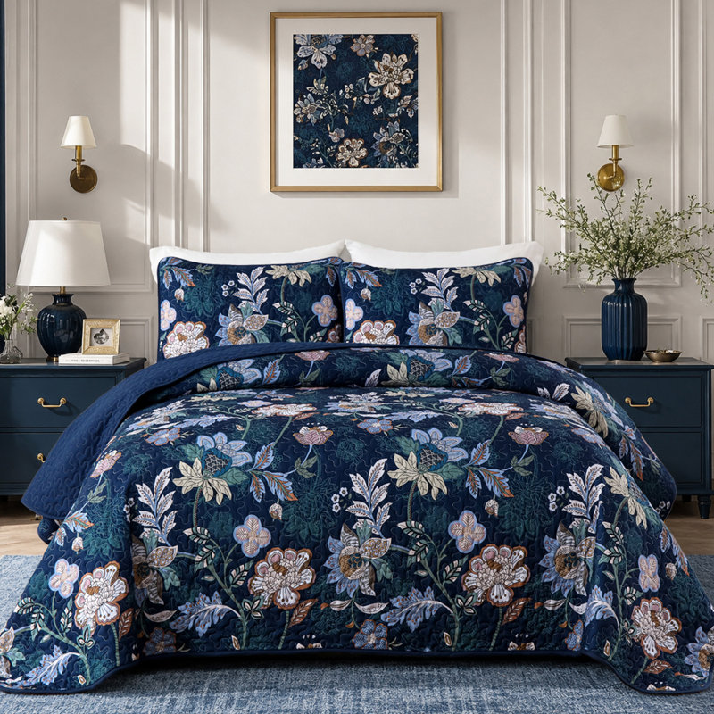 Ensemble de courtepointe 3 pièces Botanical Floral - couvre-lit toutes saisons en microfibre douce et légère, Marine