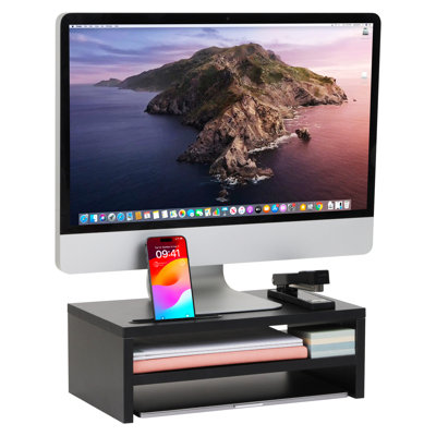  Monitor Stand with Phone Slot and Storage Shelf, Desktop Riser, 88 lb Capacity, MDF Wood, Black