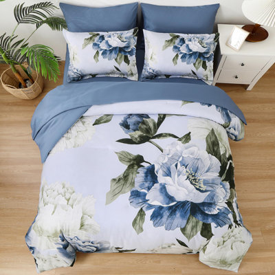 7 Piece Floral Comforter Set Botanical Complete Bedding Set with Sheets All Season