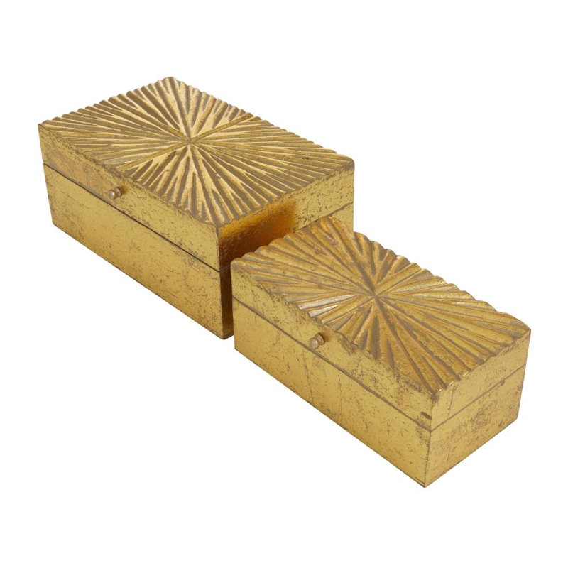 Wood Geometric Decorative Box with Hinged Lid Set, Gold