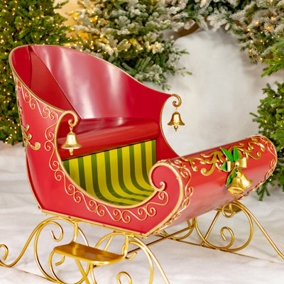 8 pi Longue traîneau de Noël en métal opulente de Noël grandeur nature, intérieur / extérieur, sièges 2, finition rouge et or brillant, décor de traîneau de style rétro, coussin inclus