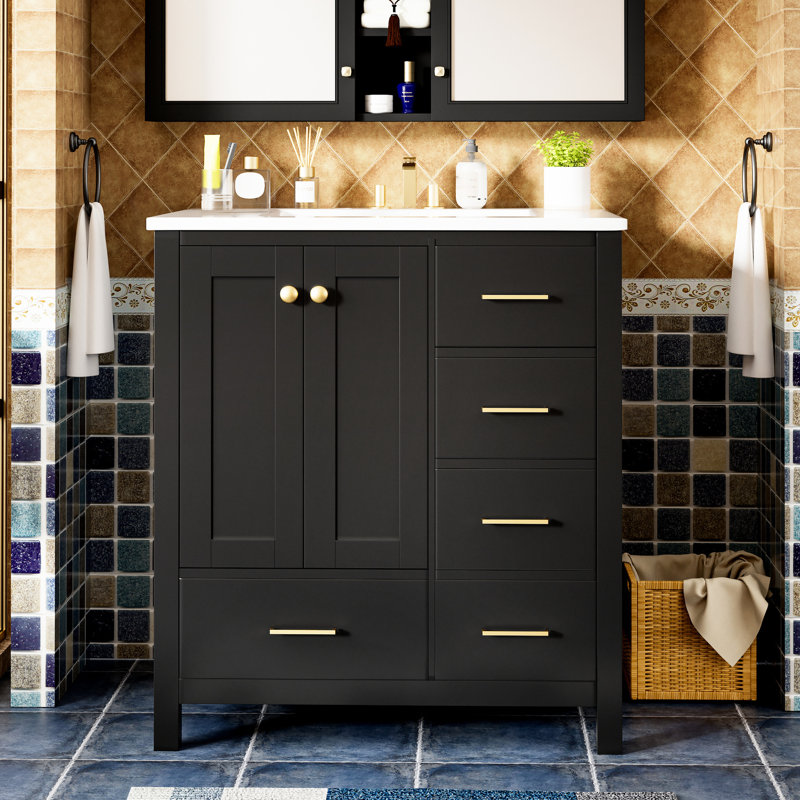 Meuble-lavabo de 30 po avec lavabo en céramique. Bois massif. Charnières à 4 tiroirs. Rangement spacieux. Design moderne. Lavabo noir facile à assembler. Fabrication. Portes à fermeture en douceur. Espace de rangement abondant.