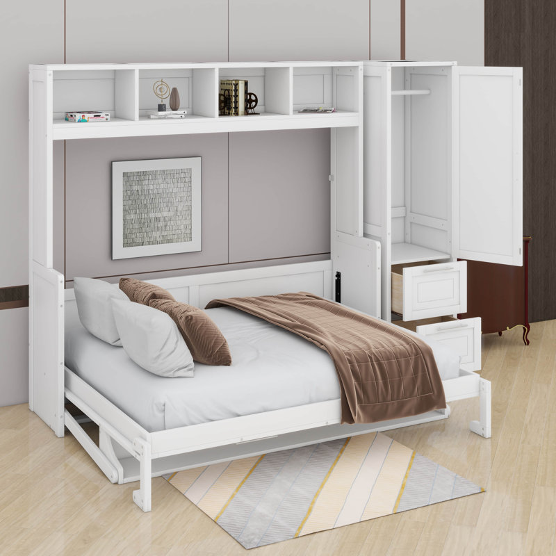 Grand lit escamotable, mur avec placard et tiroirs, Blanc