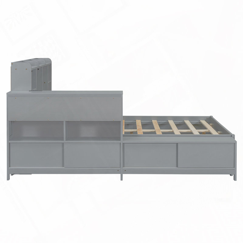 Lit avec rangement, table de chevet, 2 tiroirs, ports USB et bureau, gris