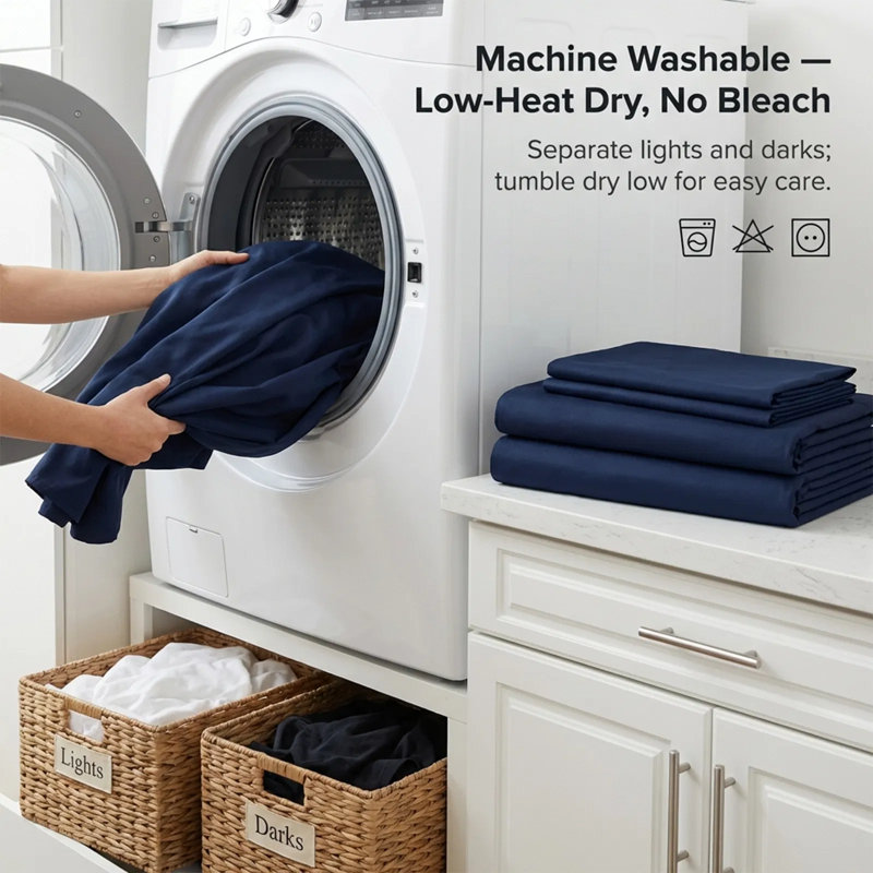 Ensemble de draps 4 pièces - Ultra doux et respirant - Mélange de coton de couleur unie lavable à la machine, Bleu