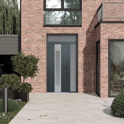 Diamond A1 Left-Hand Panel Silver Steel Prehung Front Entry Door With Sidelite And Transom