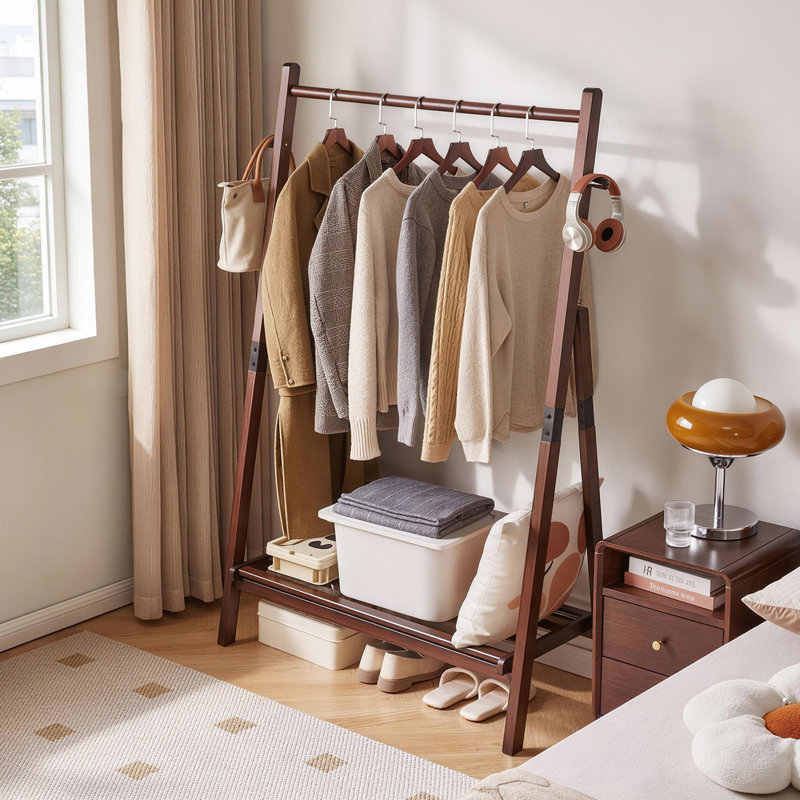 Heavy-Duty A-Shaped Solid Pine Wood Clothes Rack, Foldable Garment Stand with Storage Shelf & Side Hooks - Walnut