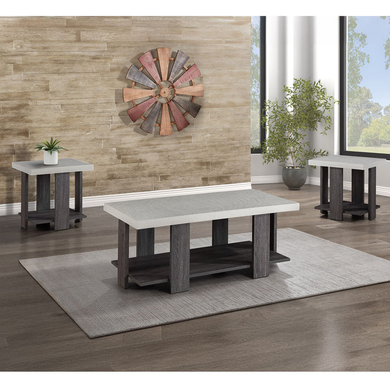 Ensemble de salon gris 3 pièces avec table basse et deux tables de bout assorties