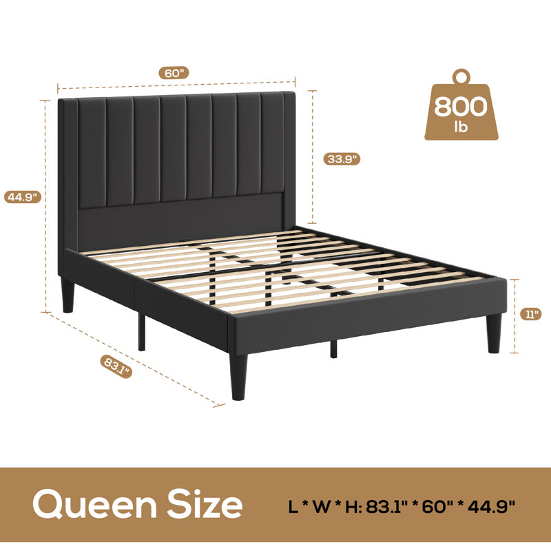 Modern Upholstered Platform Bed With Seamless Headboard, No Box Spring Needed, Full Size, Queen Size, King Size, Black, Queen