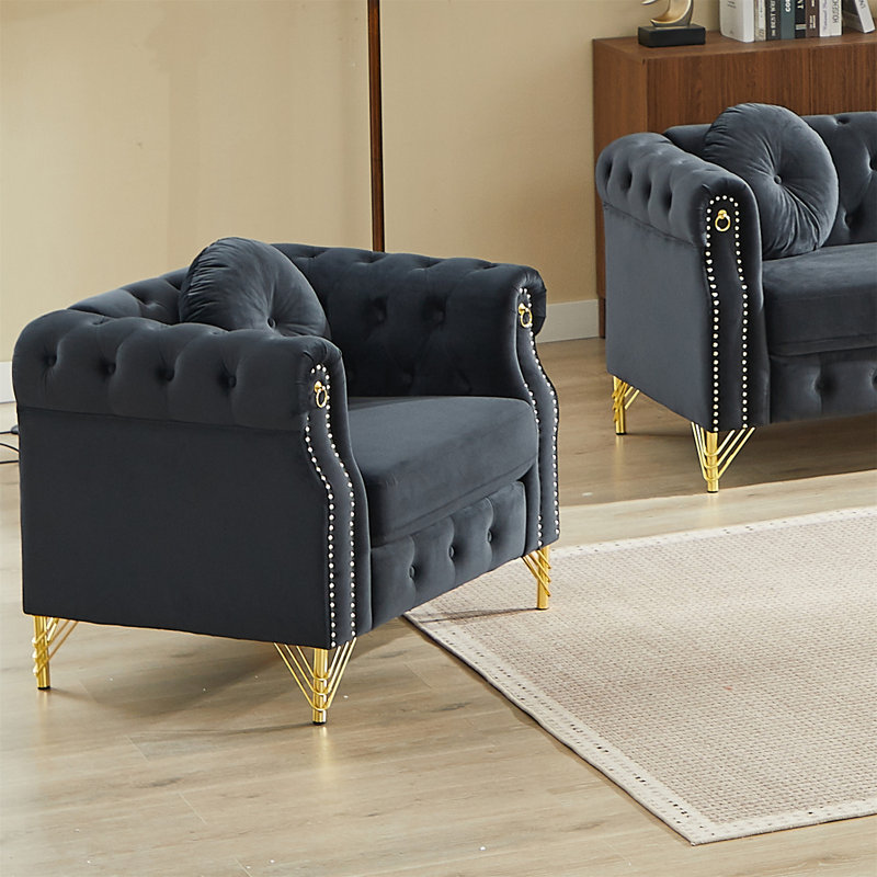 Canapé Chesterfield en velours avec coussins ronds, Noir