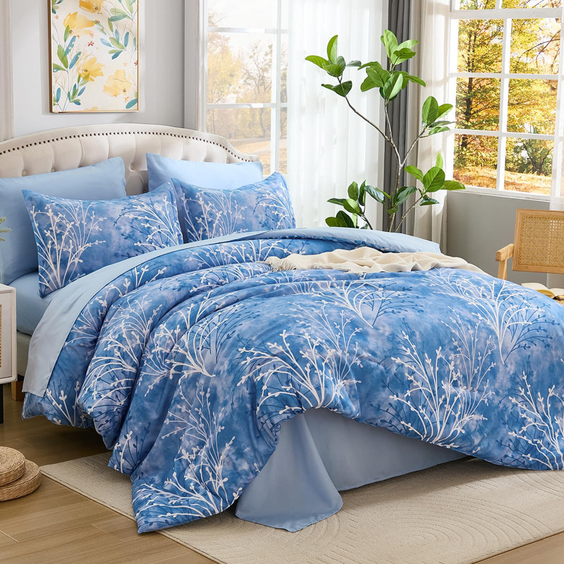 Ensemble de literie en microfibre 7 pièces Floral Branch, Édredon de très grande taille et 6 pièces suppl, Lavande