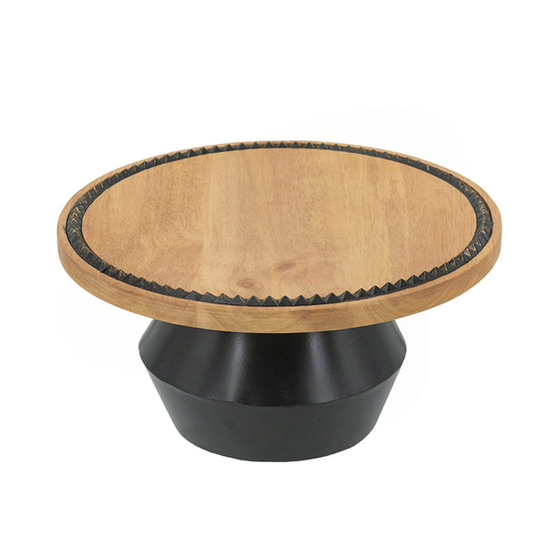 Plateau piédestal rond en bois 12 x 12 x 6 po avec détails noirs et support sculptural