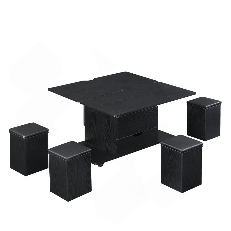 Ensemble de tables basses à plateau relevable multifonctionnel avec rangement caché et tabourets, idéal pour transformer les espaces de vie et maximiser l'utilité