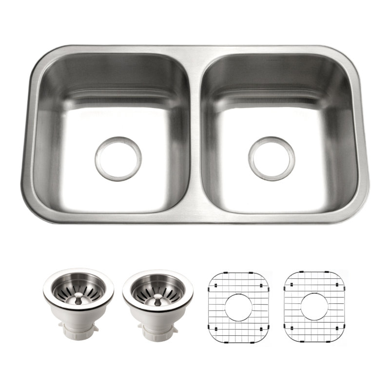 Houzer 31 in Stainless Undermount 50/50 Double Bowl Kitchen Sink with Strainer and Grid - ED-3108-C
