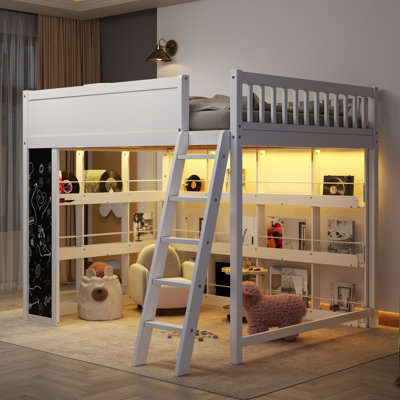 Grand lit mezzanine en bois avec lumières DEL, panneau noir, tablettes et garde-corps, blanc