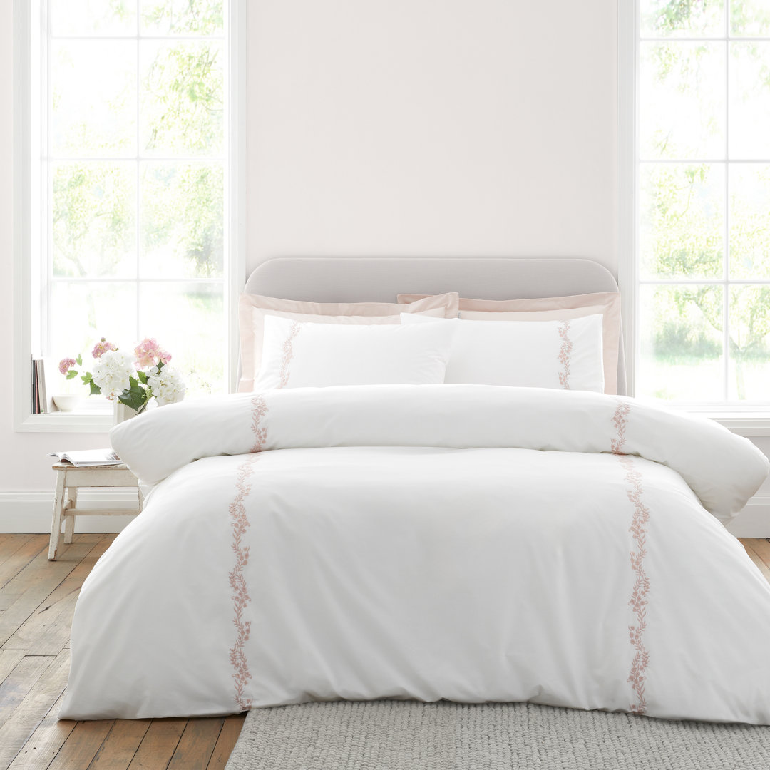 Bianca Camille Embroidered Floral 200 Thread Count Cotton Double Duvet Cover Set with Pillowcases White/Pink - Image 3
