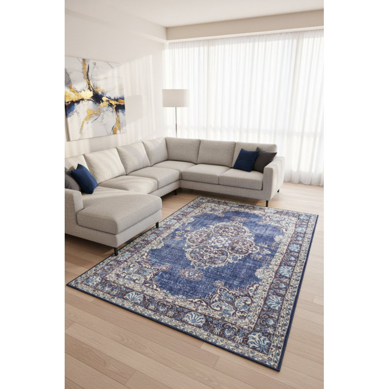 Tapis décoratif bleu marine / gris / beige, Rectangle 3 pi 10 po x 5 pi 3 po