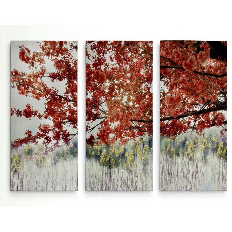 Sakura on the Lake II - 3 pièces, reproduction d'art sur toile tendue, H 40 po x l 60 po x P 1,5 po