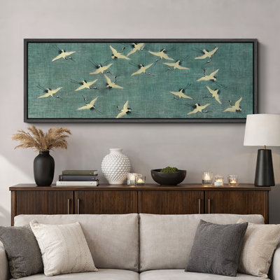 Serene Sky Cranes In Flight On Teal Rustic Artwork Extra Large Pictures Framed Canvas Print Wall Art