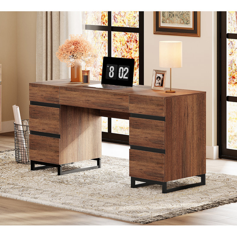 Aadam 59" Modern Executive Desk With Drawers, Wood Computer Writing Desk With Charging Station, Office Desk With File Drawer, Study Table For Bedroom, Living Room, Home Office,.