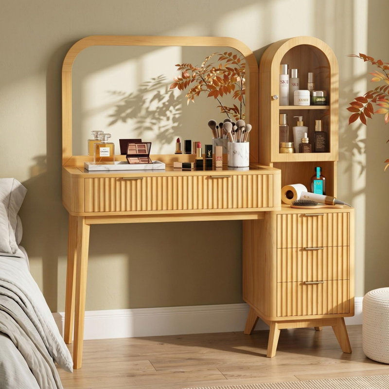 Meuble-lavabo cannelé avec miroir, grande coiffeuse moderne avec plateau en verre avec 4 tiroirs et armoire de rangement