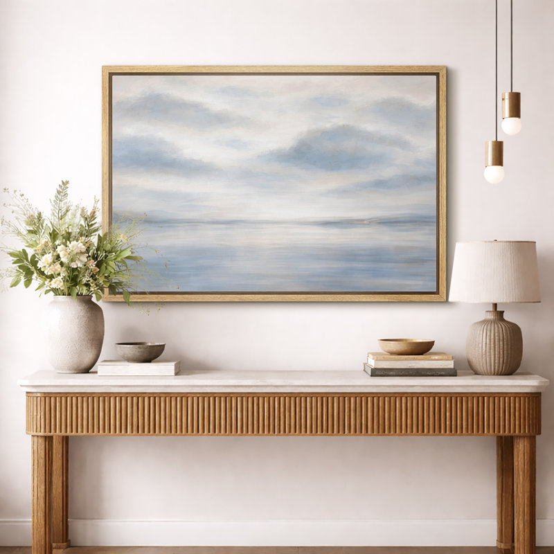 Œuvre de paysage marin doux bleu minimaliste, images d'océan au calme, impression sur toile encadrée, H 24 po x l 36 po