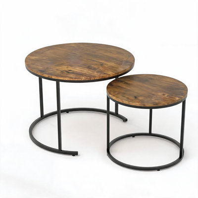 Modern Round Nesting Coffee Table Set of 2 - Faux Marble & Wood Top with Metal Frame - Space-Saving Side Tables with Adjustable Feet - Ideal for Living Room, Bedroom - Brown