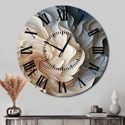 White And Blue Feather Spiral II - Geometric Black Face Wall Clock