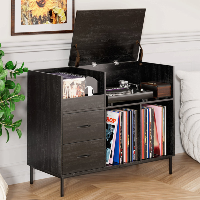 27.6" Black Wood Grain Record Player Stand - Power Outlet And Flap, Stores Over 300 Vinyl Records, 2 Dust-Proof Drawers, Assembly Required