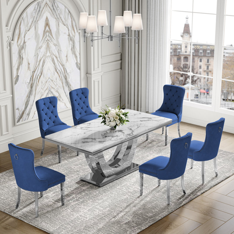 7-Piece Dining Table Set, Marble Veneer MDF Table with 6 Velvet Dining Chairs – Modern Dining Furniture for 6, White/Silver