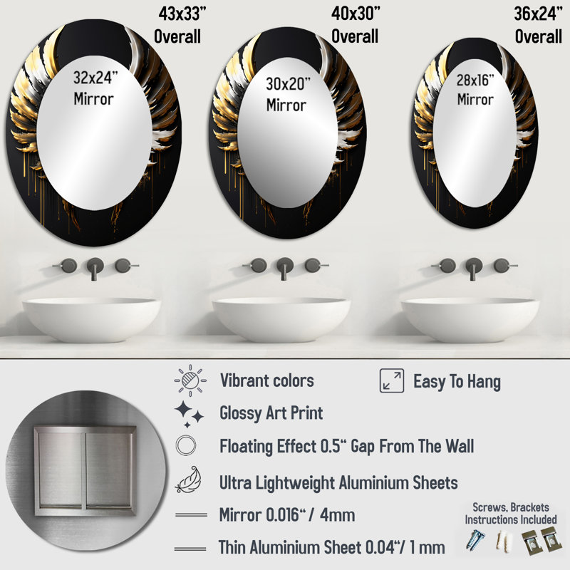 Black Silver And Gold Angel Wings II - Fantasy Oval Decorative Mirror On Metal, 43" x 33"