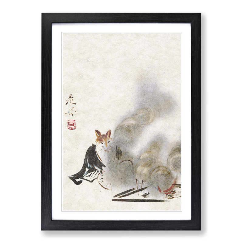Fox by a Fire by Shibata Zeshin - Picture Frame Painting Print on MDF, 36cm H x 27cm W x 2cm D, Black Framed