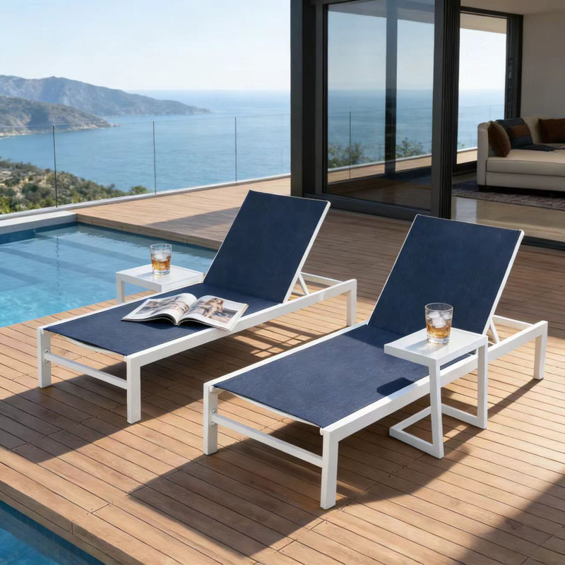 Patio Aluminum 76.8" Long Reclining Chaise Lounge Chairs Set with Side Tables, Navy Blue