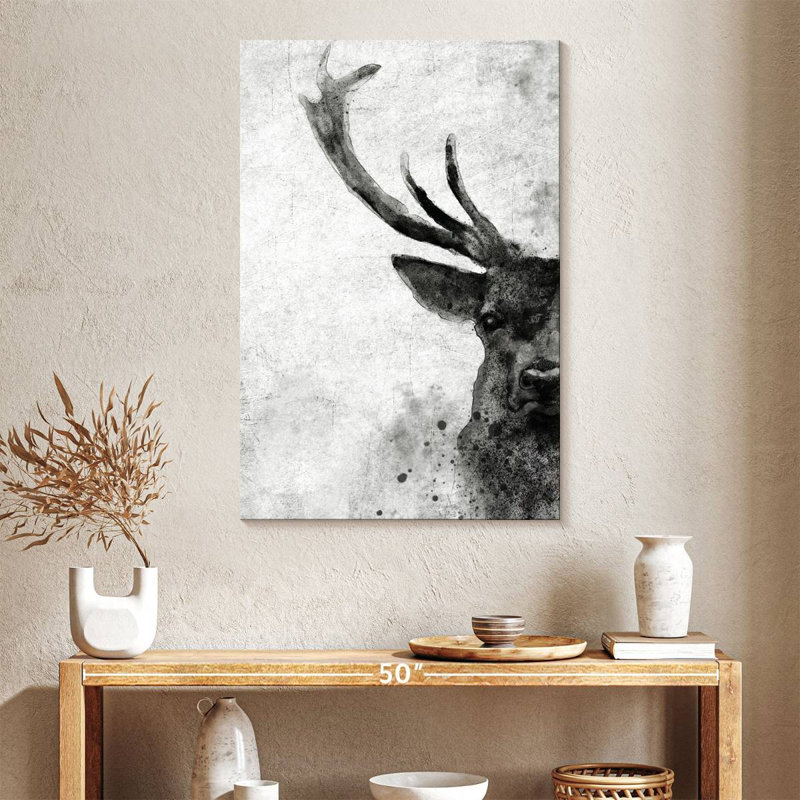 Visage de cerf noir et blanc sur toile, H 39 po x l 26 po x P 1,25 po
