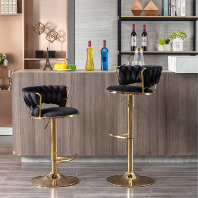 Set Of 2  Bar Stools,With Chrome Footrest And Base Swivel Height Adjustable Mechanical Lifting Velvet + Golden Leg Simple Bar Stool-Black