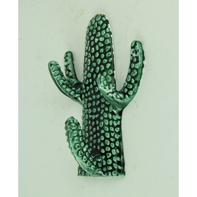 Southwestern green saguaro cactus triple branch metal and enamel wall hook, 8 inches high