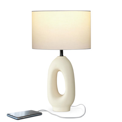 Lampe de table à DEL 22,5 po en céramique crème Brightech Artemis - charme côtier avec abat-jour en coton et port USB-C