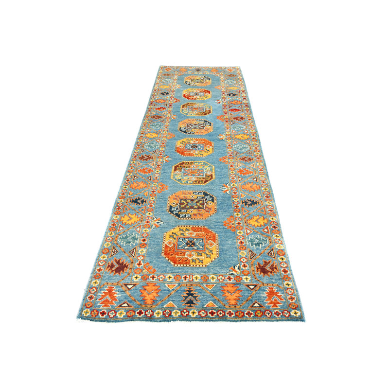 Tapis oriental tribal 3 x 9 bleu One-of-a-Kind