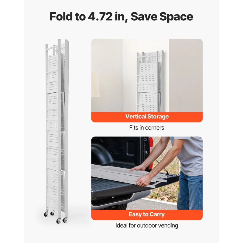 Multi-Purpose Foldable Metal Storage Shelf, Tool-Free Installation, Switchable Feet & Casters With 4 J-Hooks, Gris